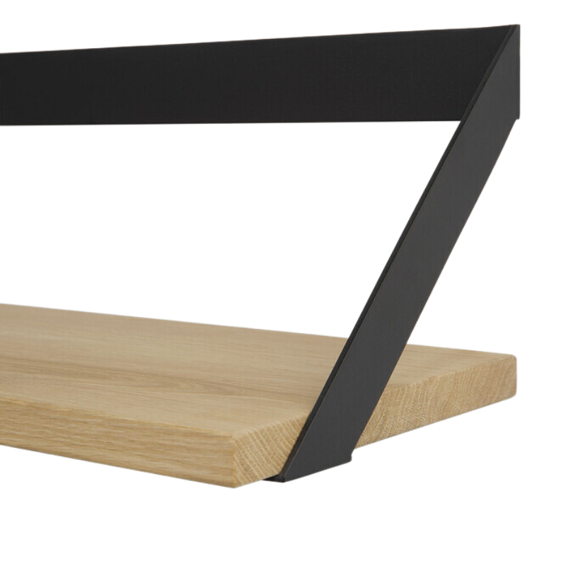 The Ribbon Shelf from Ethnicraft made with oak wood and black metal in detail.