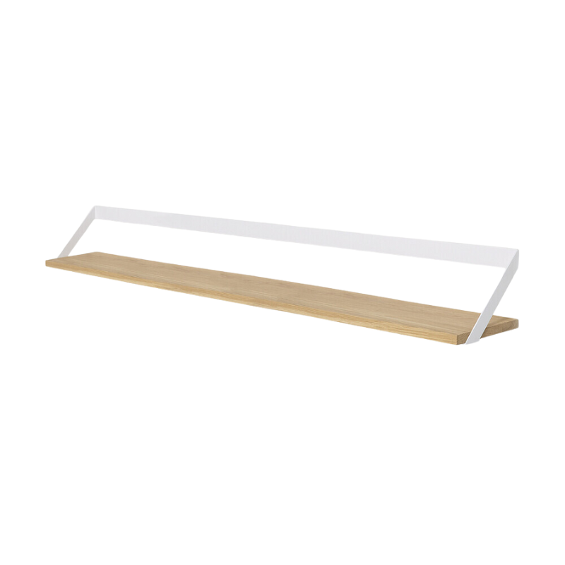 The Ribbon Shelf from Ethnicraft made with oak wood and white metal, 55.5 inch size from the side.