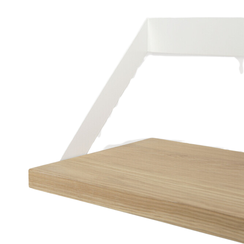 The Ribbon Shelf from Ethnicraft made with oak wood and white metal close up.