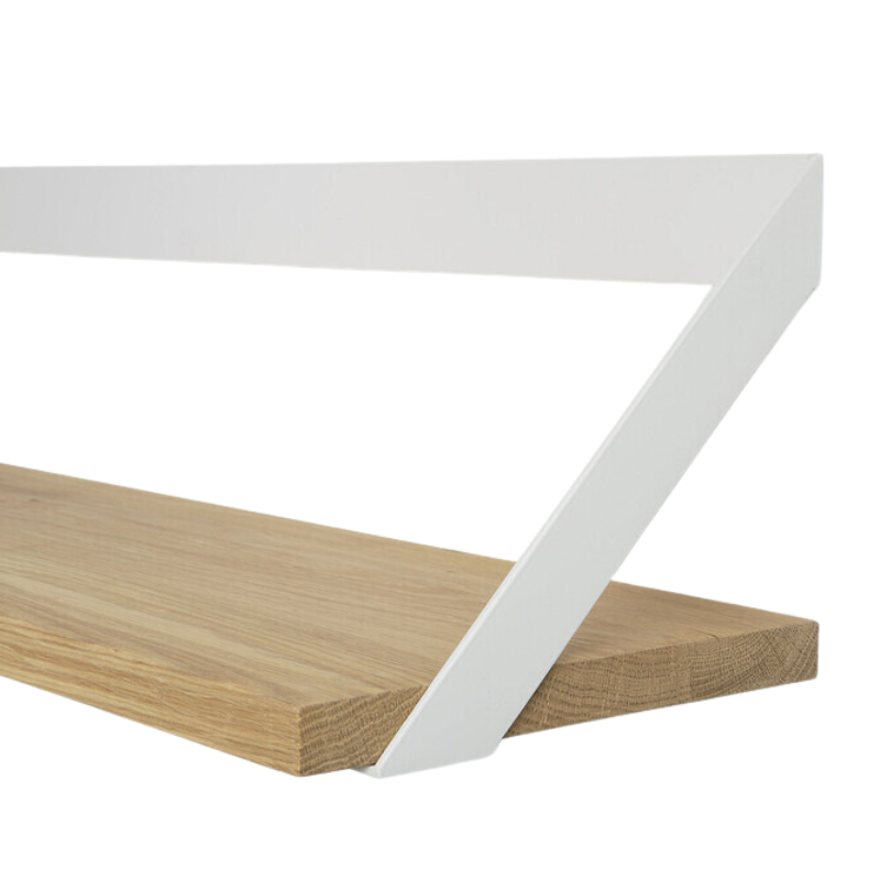 The Ribbon Shelf from Ethnicraft made with oak wood and white metal in detail.