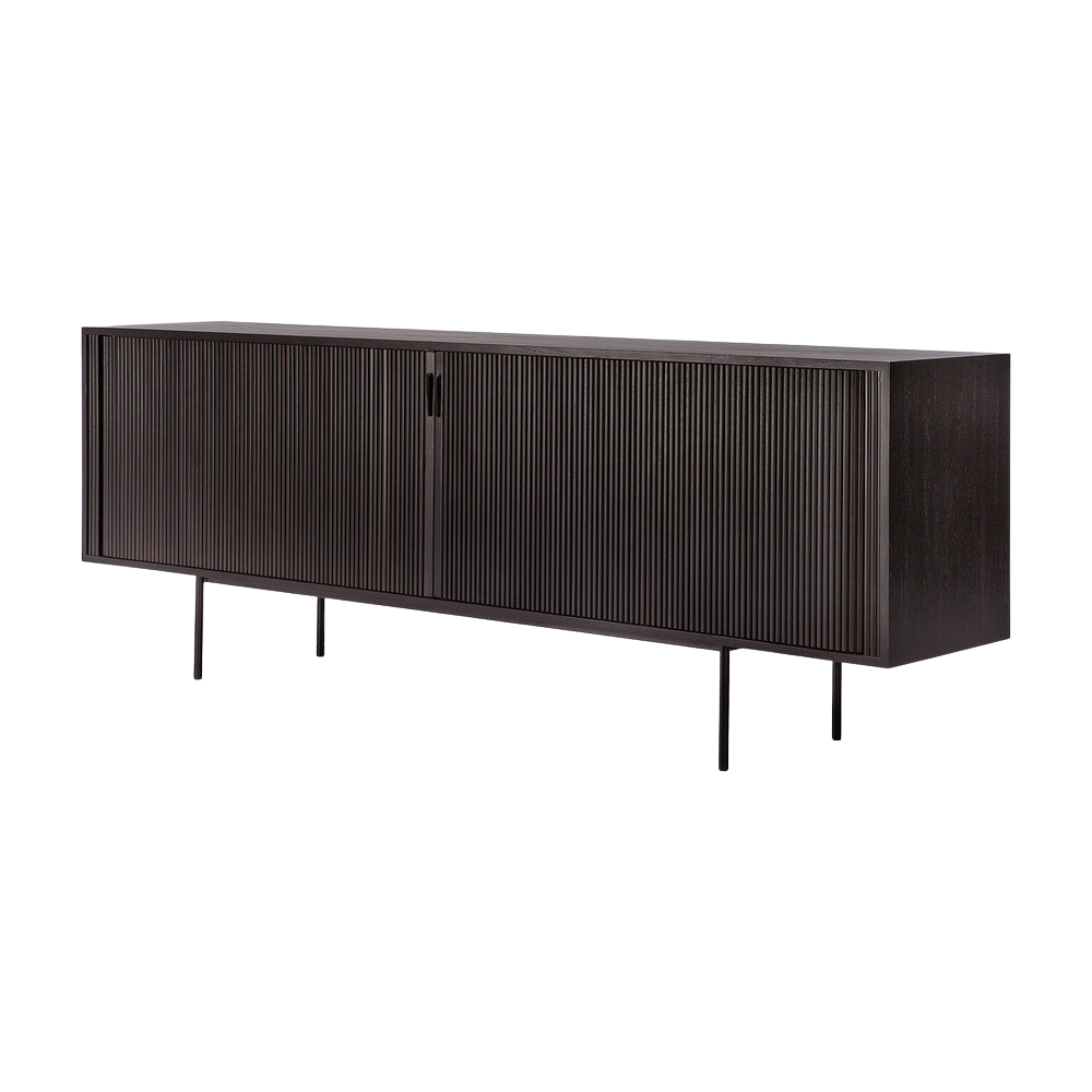The 88-inch Roller Max Sideboard from Ethnicraft in teak off black from the side.