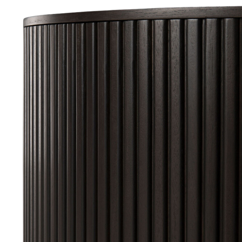 The Roller Max Coffee Table from Ethnicraft is shown in a detailed shot of the detail of the woodwork on the side of the table. all-groups