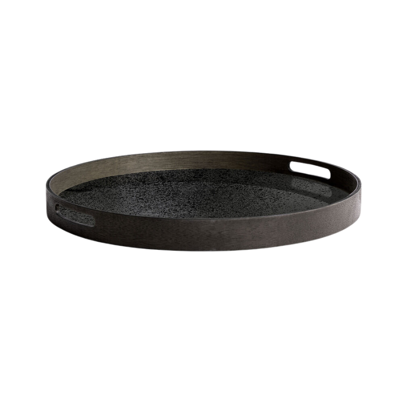The Aged Mirror Tray from Ethnicraft round shape, size small in charcoal from the side.