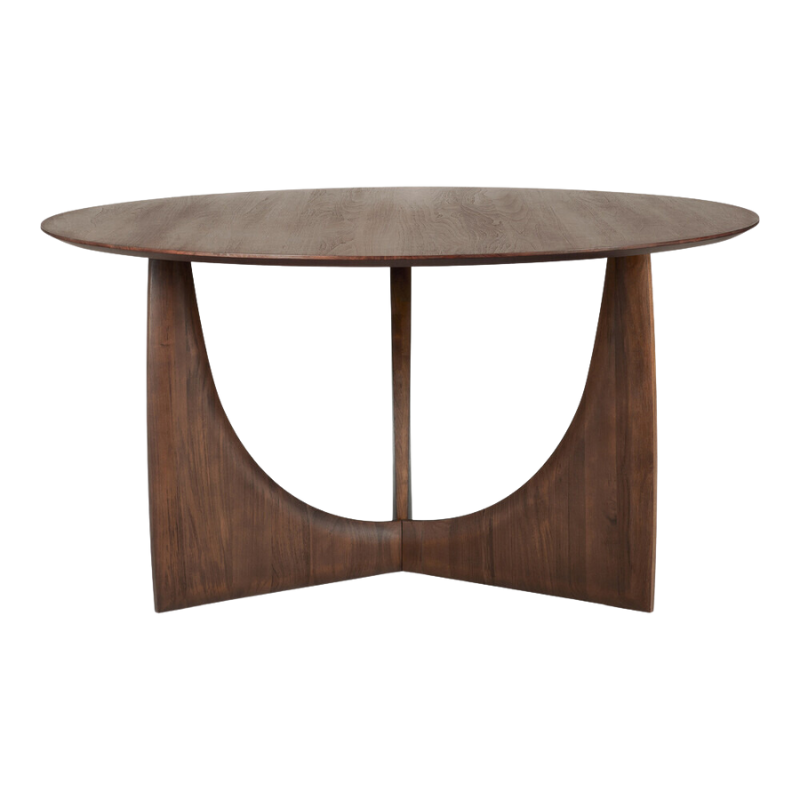 The brown teak Round Geometric Dining Table from Ethnicraft from the back.