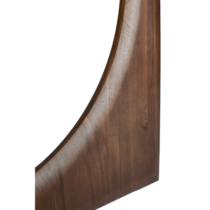 The brown teak Round Geometric Dining Table from Ethnicraft close up.