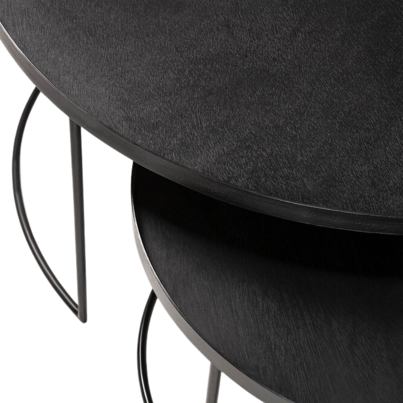 The medium and large Round Tray Coffee Table Set from Ethnicraft close up.