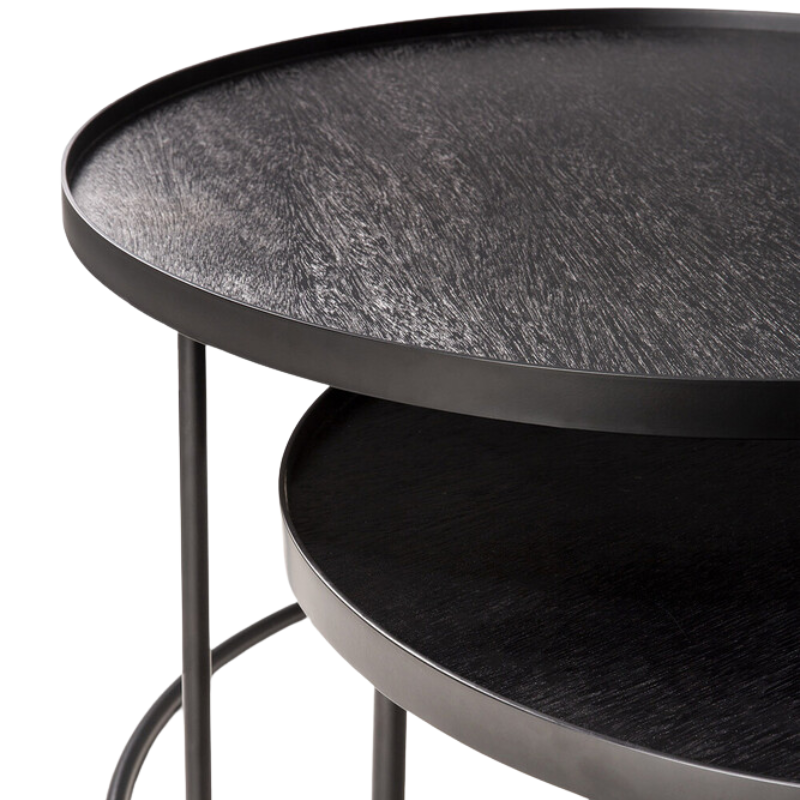 The small and medium Round Tray Coffee Table Set from Ethnicraft close up.