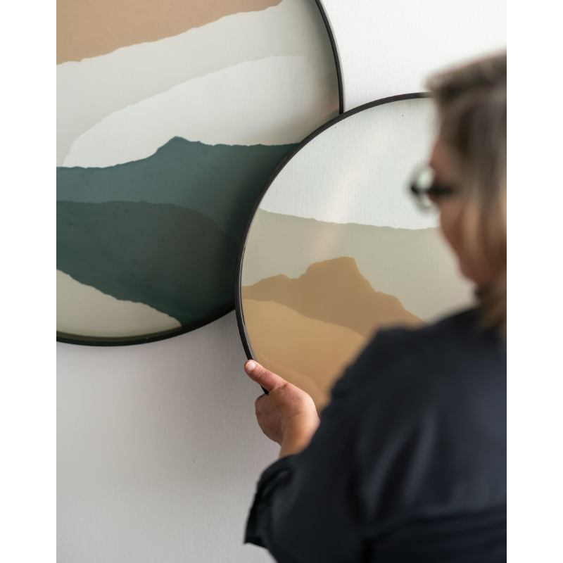 The round Wabi Sabi Glass Tray from Ethnicraft used as artwork in a lounge. all-groups
