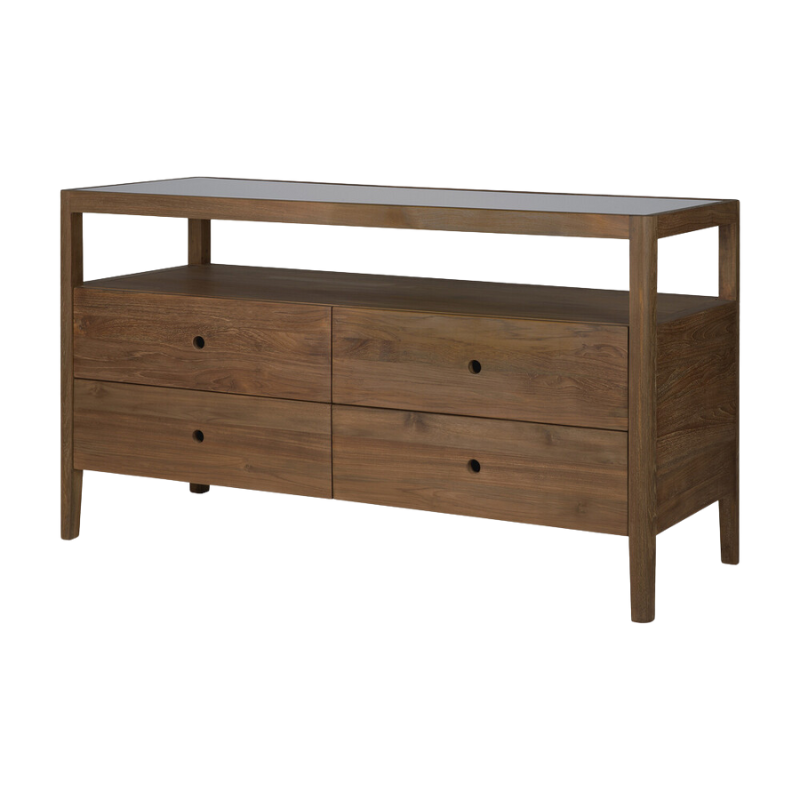 The Spindle Dresser from Ethnicraft in reclaimed teak at an angle.