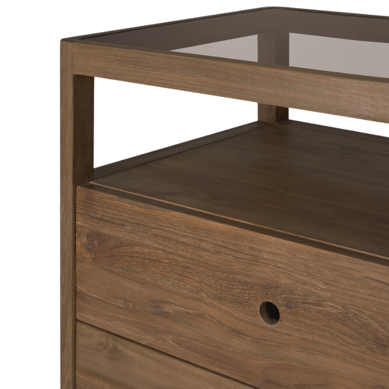 The Spindle Dresser from Ethnicraft in reclaimed teak focusing on the drawers.
