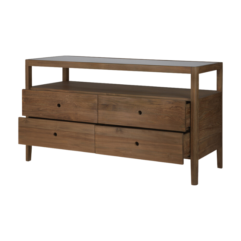 The Spindle Dresser from Ethnicraft in reclaimed teak with open drawers.