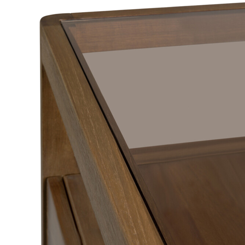 The Spindle Dresser from Ethnicraft in reclaimed teak focusing on the tabletop.