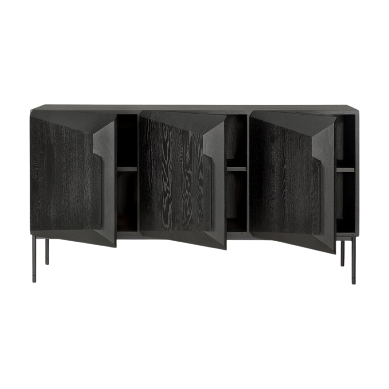 The Stairs Sideboard from Ethnicraft 59.5 inch in black oak with three open doors.