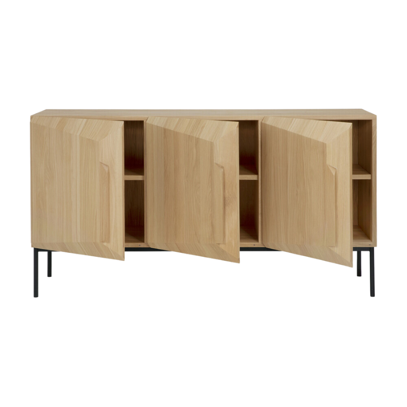 The Stairs Sideboard from Ethnicraft 59.5 inch in oak with three open doors.