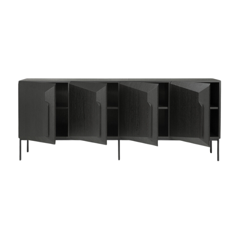 The Stairs Sideboard from Ethnicraft 79 inch in black oak with four open doors.