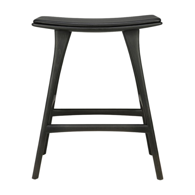 The Upholstered Osso Counter Stool from Ethnicraft with black oak wood and black leather from the front.