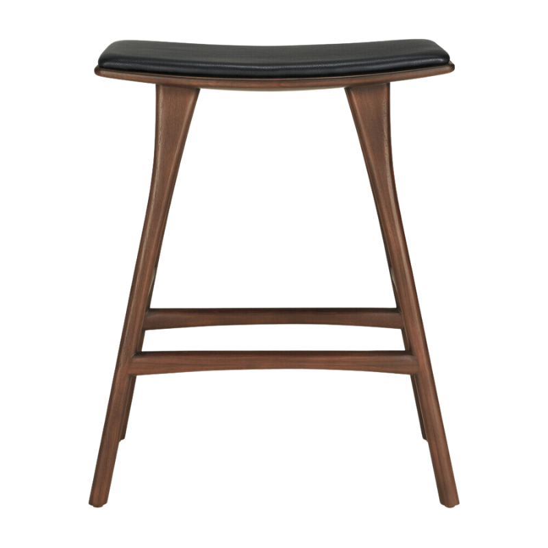 The Upholstered Osso Counter Stool from Ethnicraft with brown teak wood and black leather from the front.