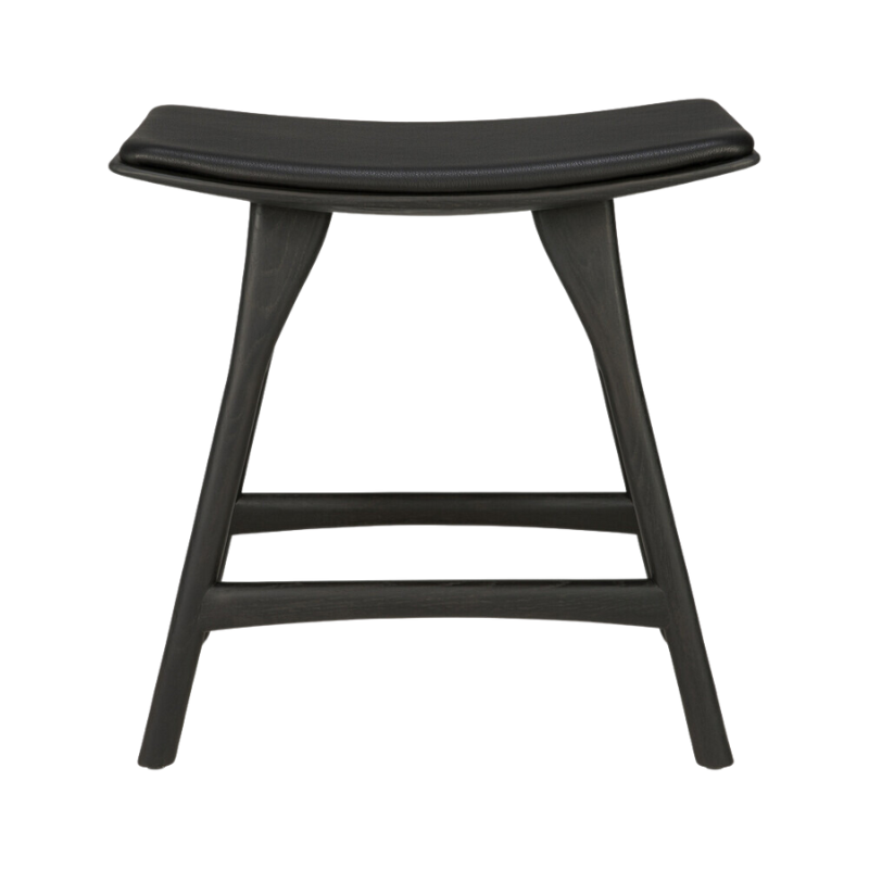 The Upholstered Osso Dining Stool from Ethnicraft with black oak and black leather from the front.
