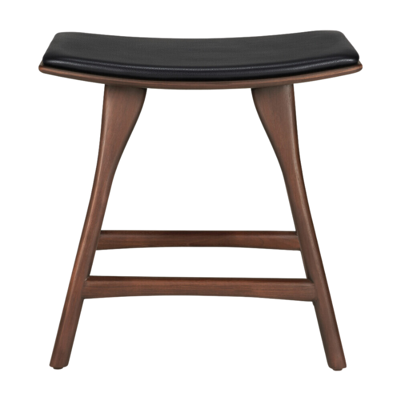 The Upholstered Osso Dining Stool from Ethnicraft with brown teak and black leather from the front.