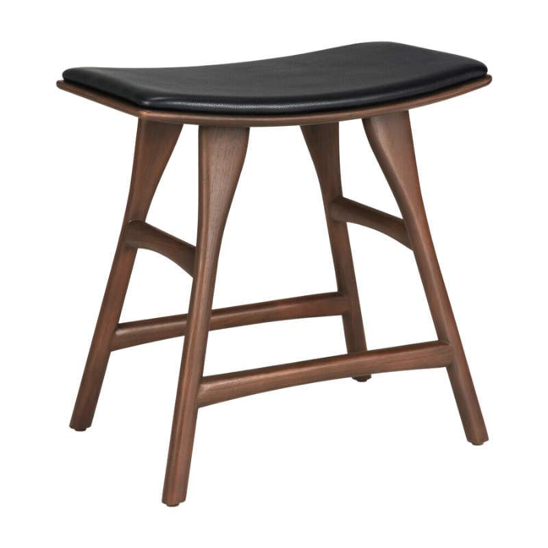 The Upholstered Osso Dining Stool from Ethnicraft with brown teak and black leather.