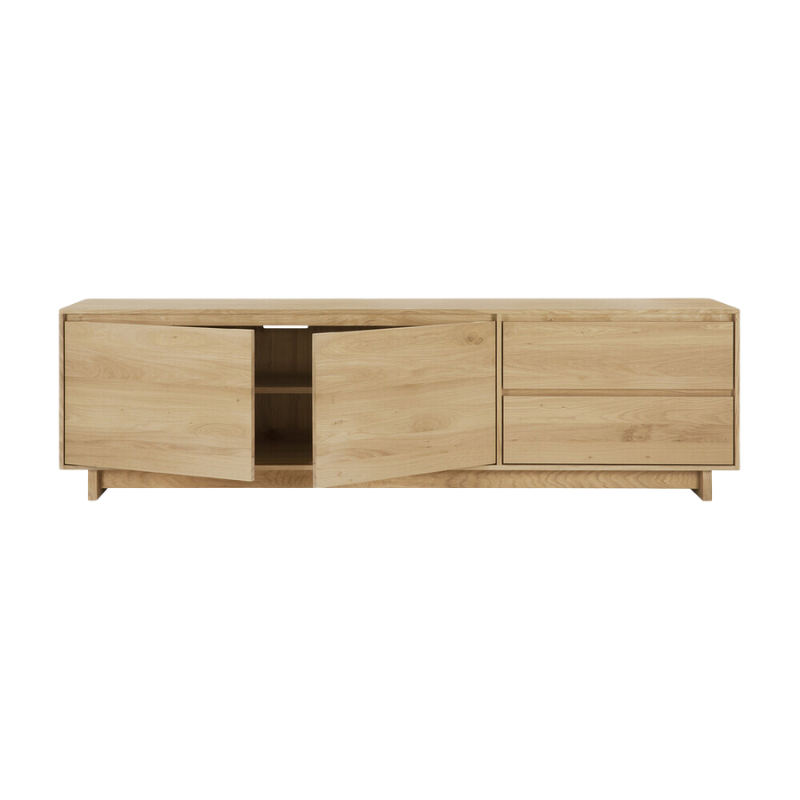 The Wave TV Cupboard from Ethnicraft with open doors.