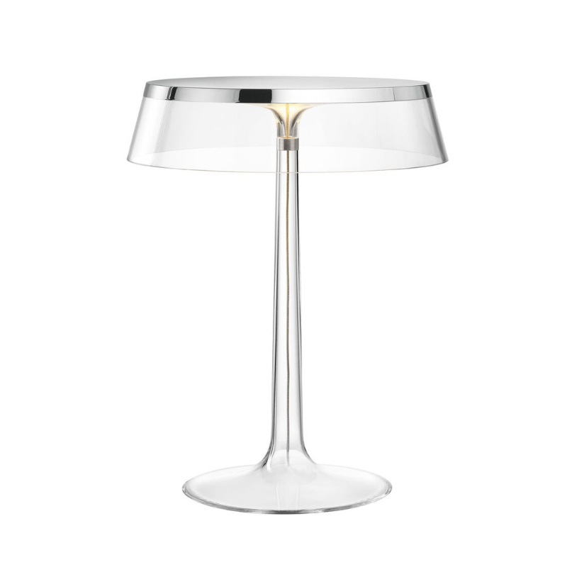 The Bon Jour Table Lamp from Flos in chrome with transparent crown.