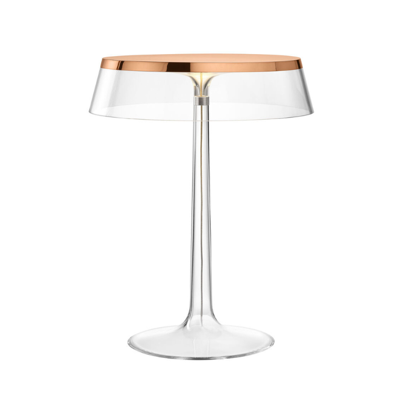 The Bon Jour Table Lamp from Flos in copper with transparent crown.