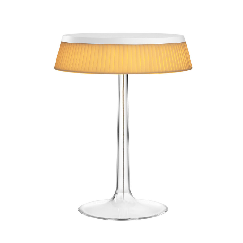The Bon Jour Table Lamp from Flos in white with plisse cloth crown.