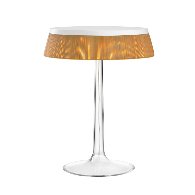 The Bon Jour Table Lamp from Flos in white with rattan crown.