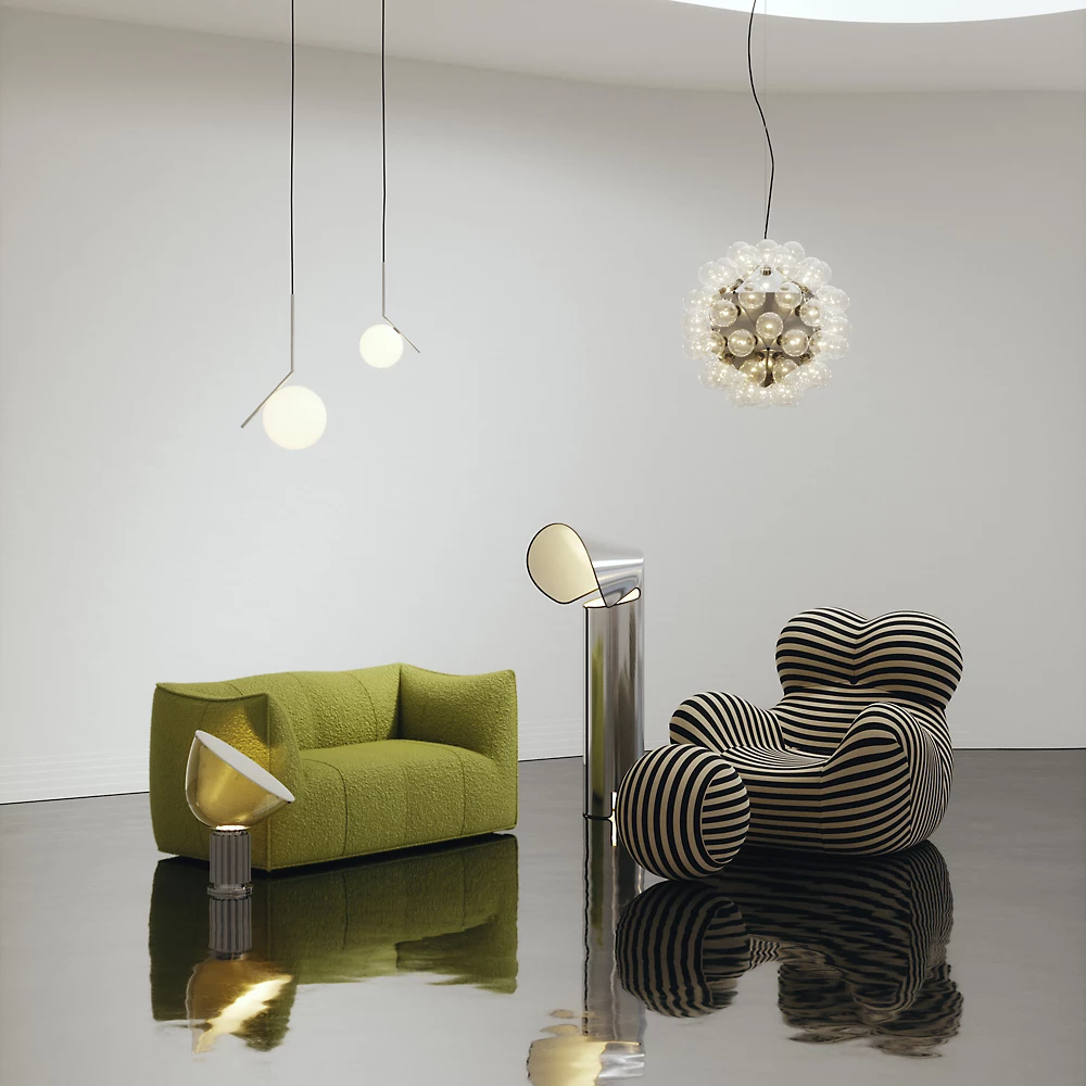The Chiara Floor Lamp by Flos with other Flos icons such as the IC pendant, Taccia Table, and Taraxacum 88 Suspension.
