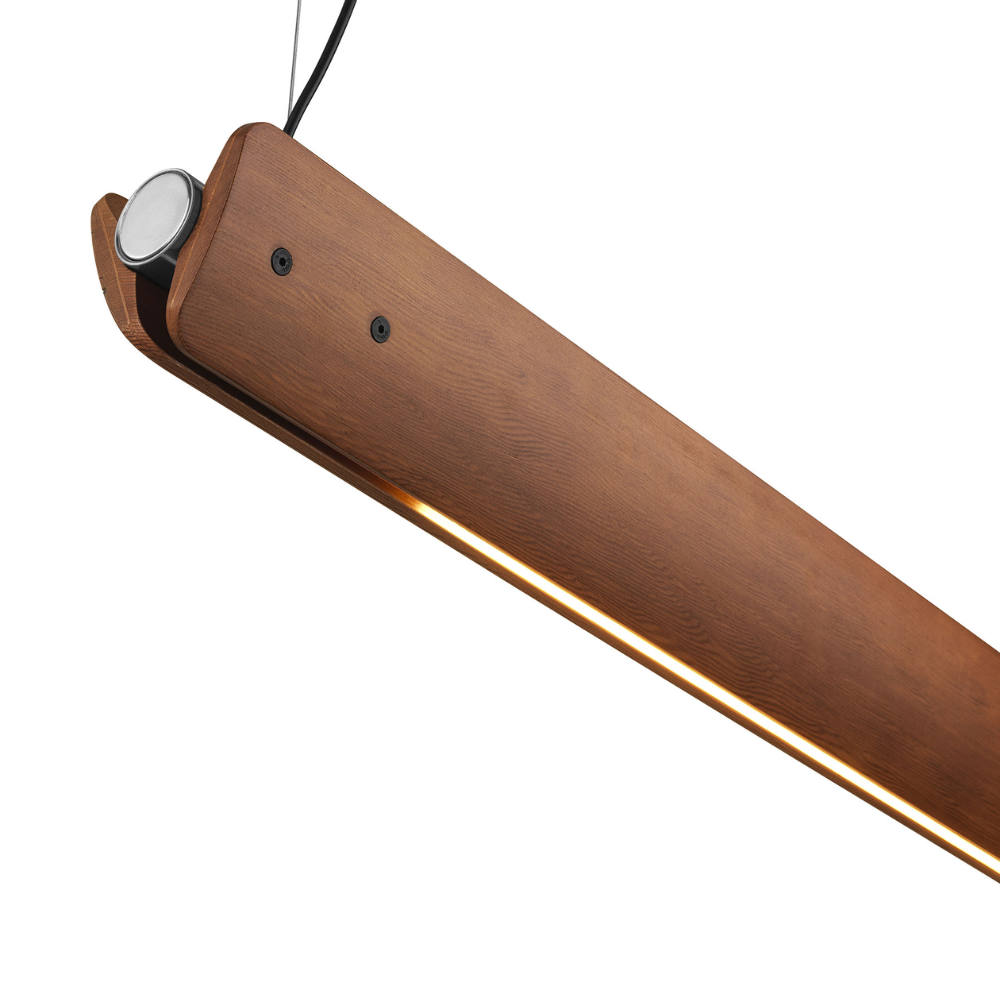 Close up of the Seki-Han Linear Pendant by FLOS with the top open and turned on.