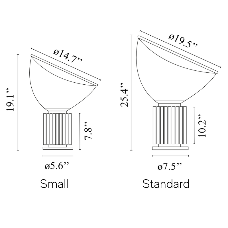 The Taccia Table Lamp from FLOS small and standard dimensions. all-groups
