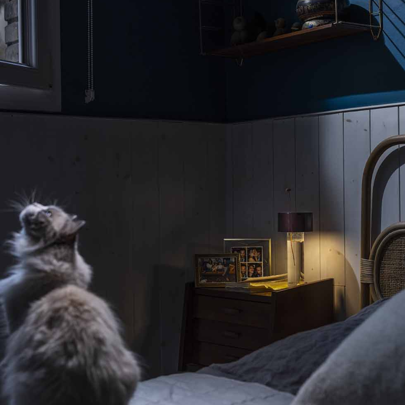 The Fleur Portable Lamp from Foscarini in burgundy in a bedroom.