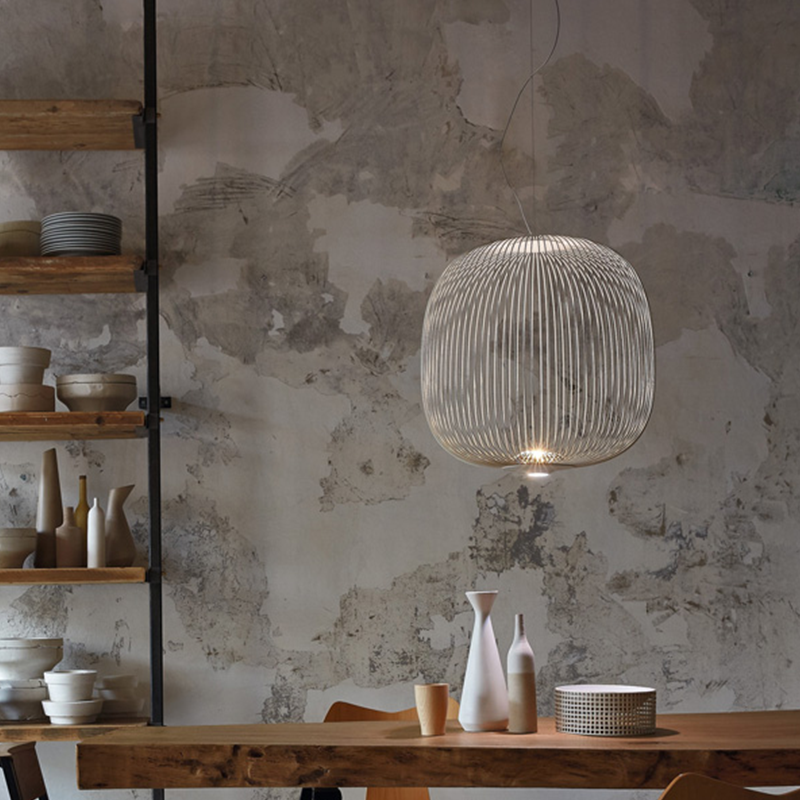 The Spokes 2 Pendant from Foscarini in small white in a kitchen.