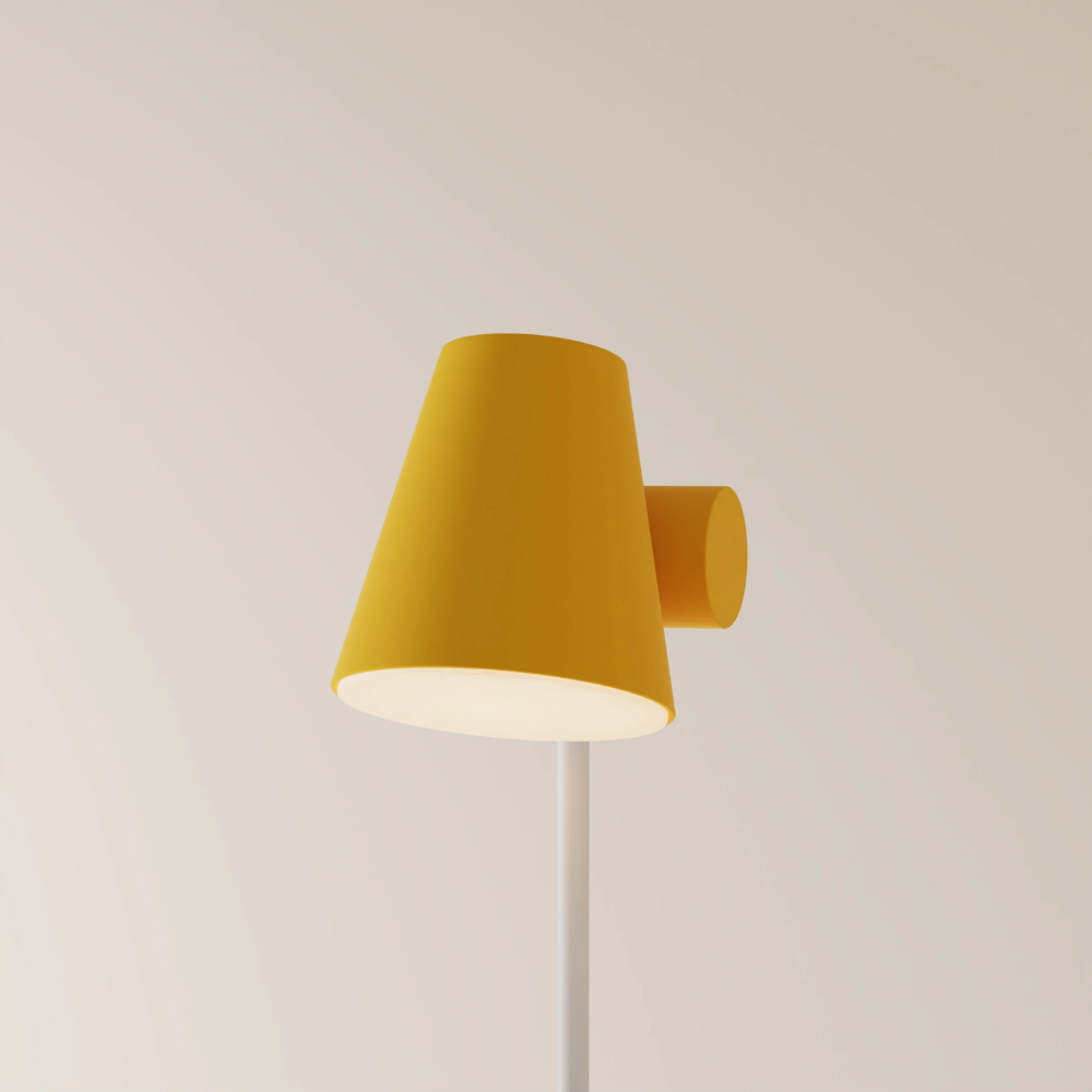 The mustard Aim Floor Light from Gantri with the white rod option.