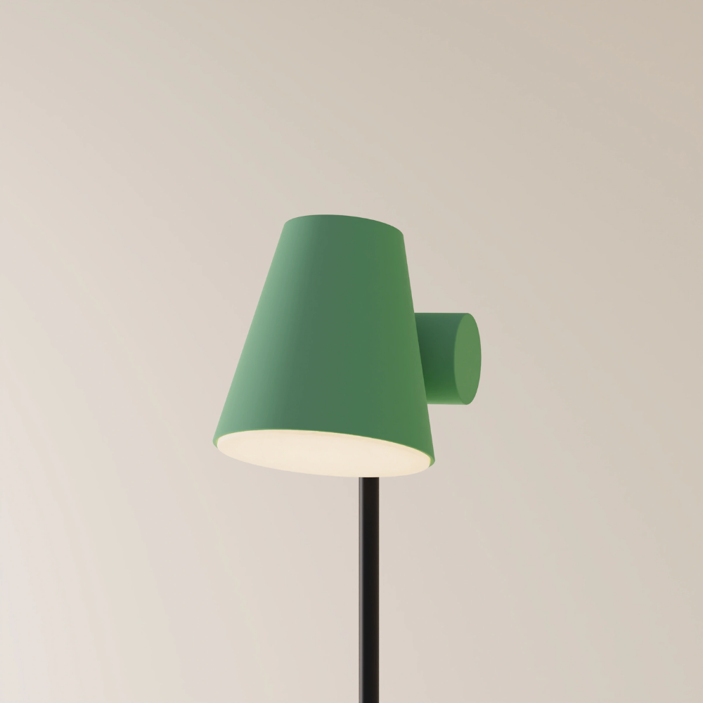 The sage Aim Floor Light from Gantri with the black rod option.