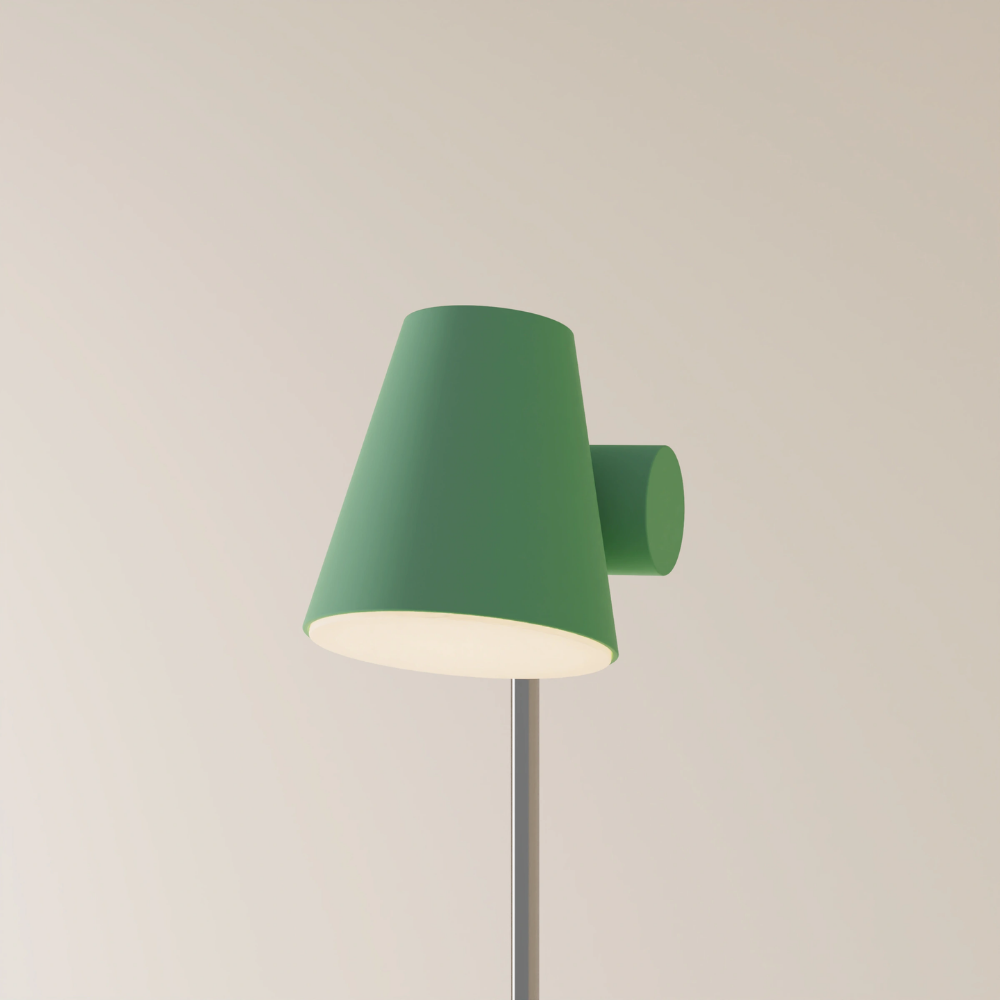 The sage Aim Floor Light from Gantri with the chrome rod option.