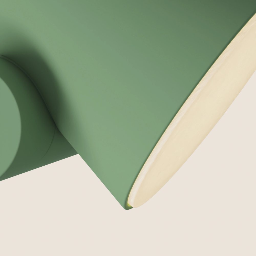 The sage Aim Floor Light from Gantri close up.