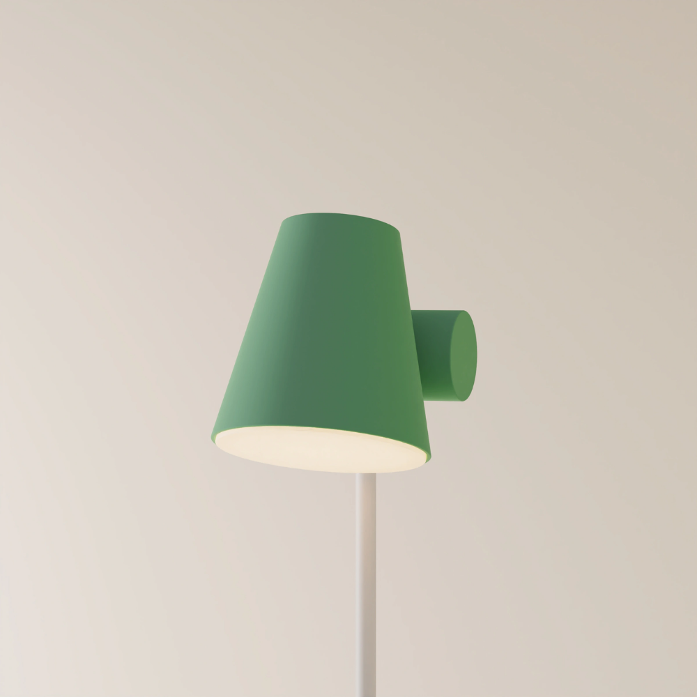 The sage Aim Floor Light from Gantri with the white rod option.