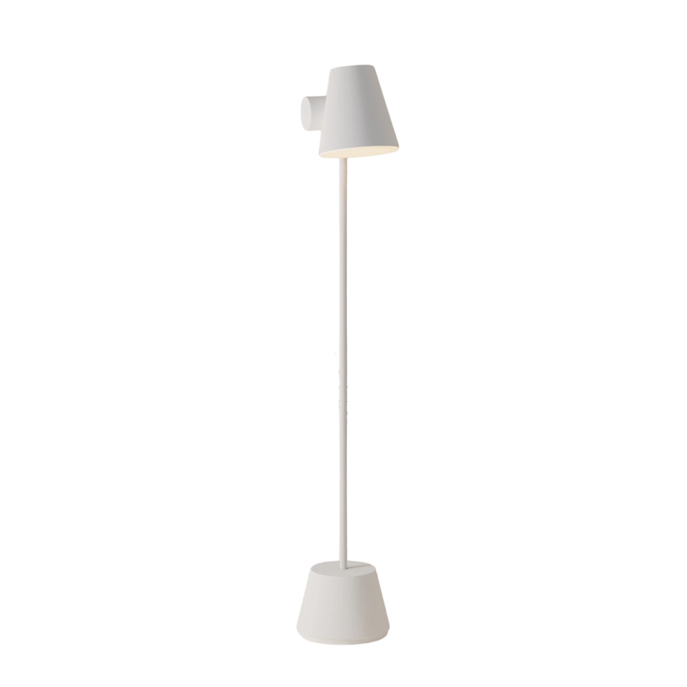 The snow Aim Floor Light from Gantri with the white rod option, showing the full lamp.
