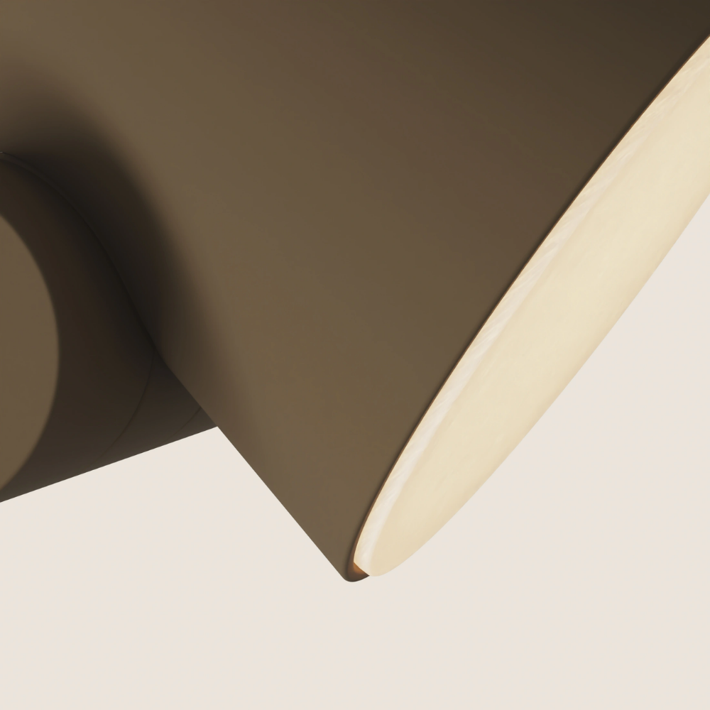 The walnut Aim Floor Light from Gantri close up.