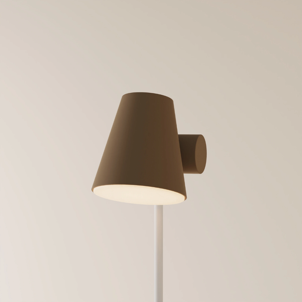The walnut Aim Floor Light from Gantri with the white rod option.