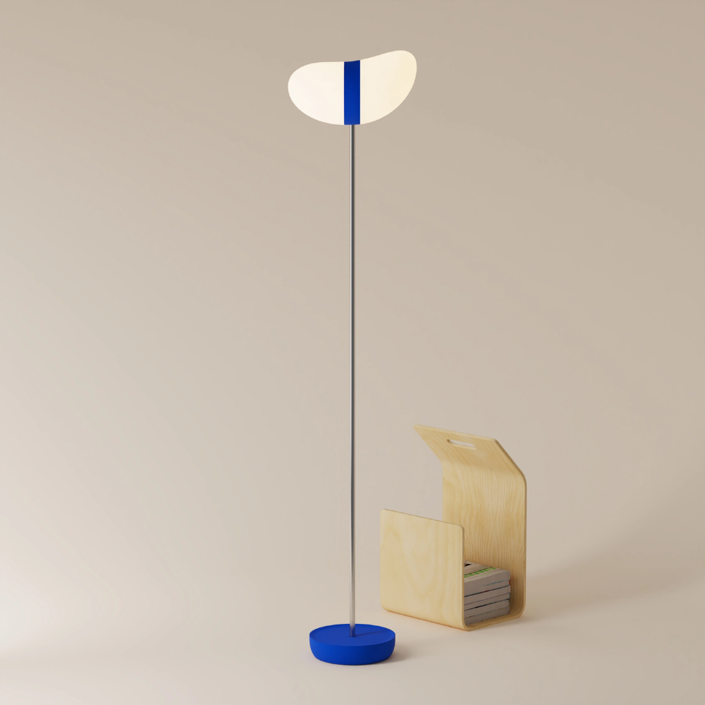 The cobalt Baltra Floor Light from Gantri with the chrome rod option.