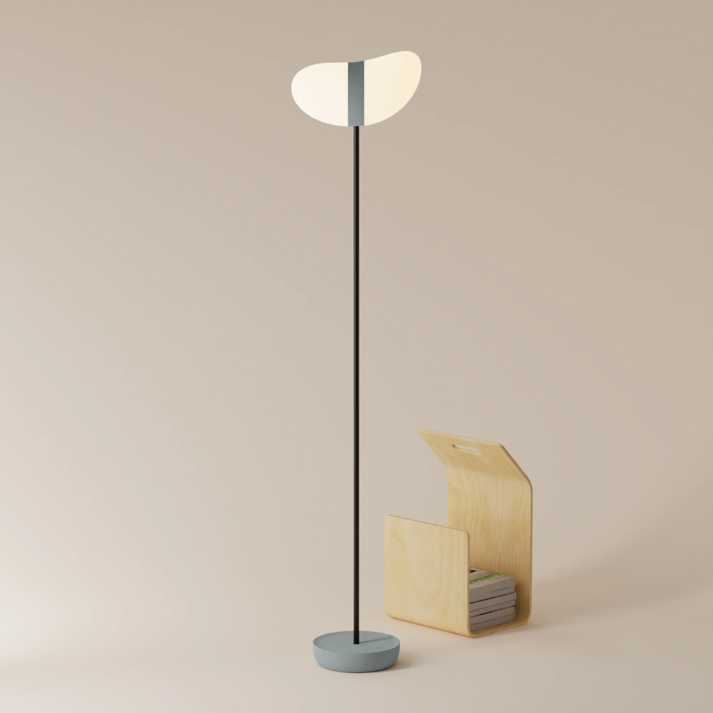 The fog Baltra Floor Light from Gantri with the black rod option.