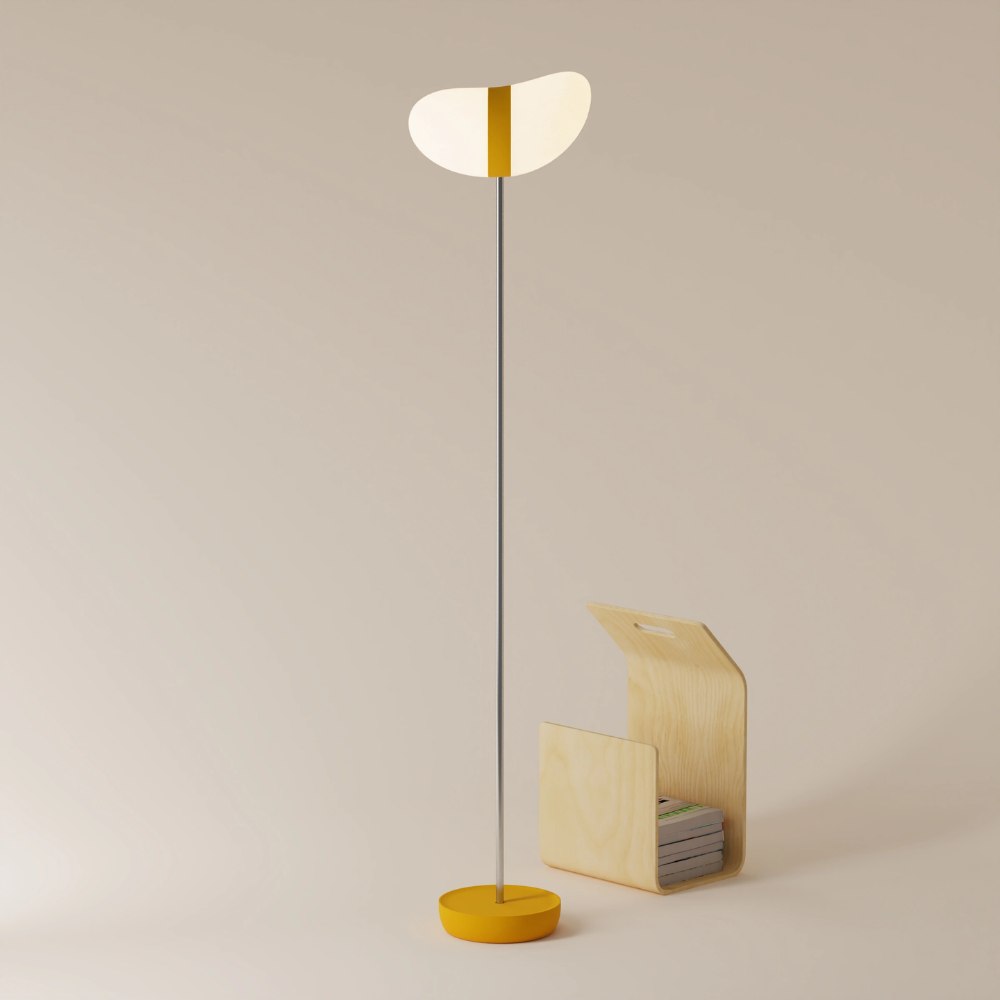 The mustard Baltra Floor Light from Gantri with the chrome rod option.