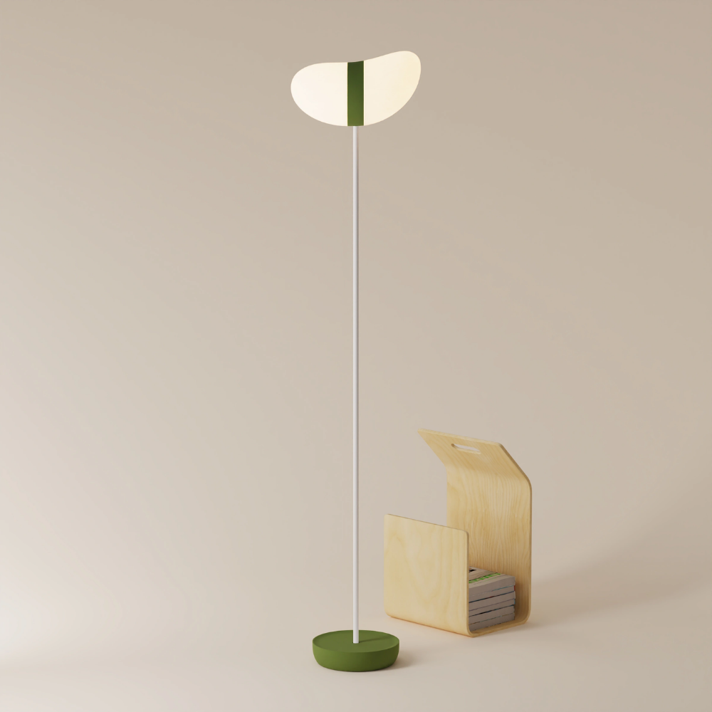 The olive Baltra Floor Light from Gantri with the white rod option.