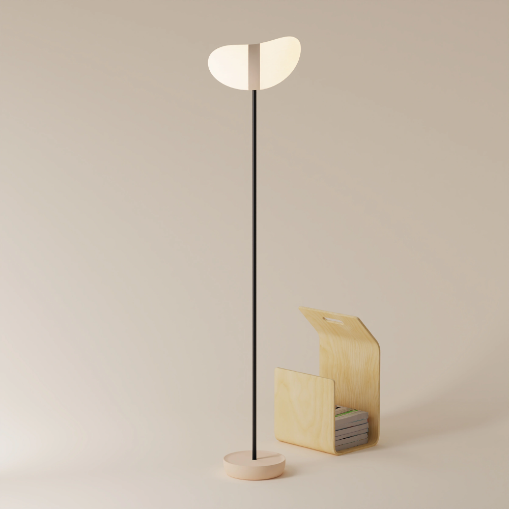 The peach Baltra Floor Light from Gantri with the black rod option.