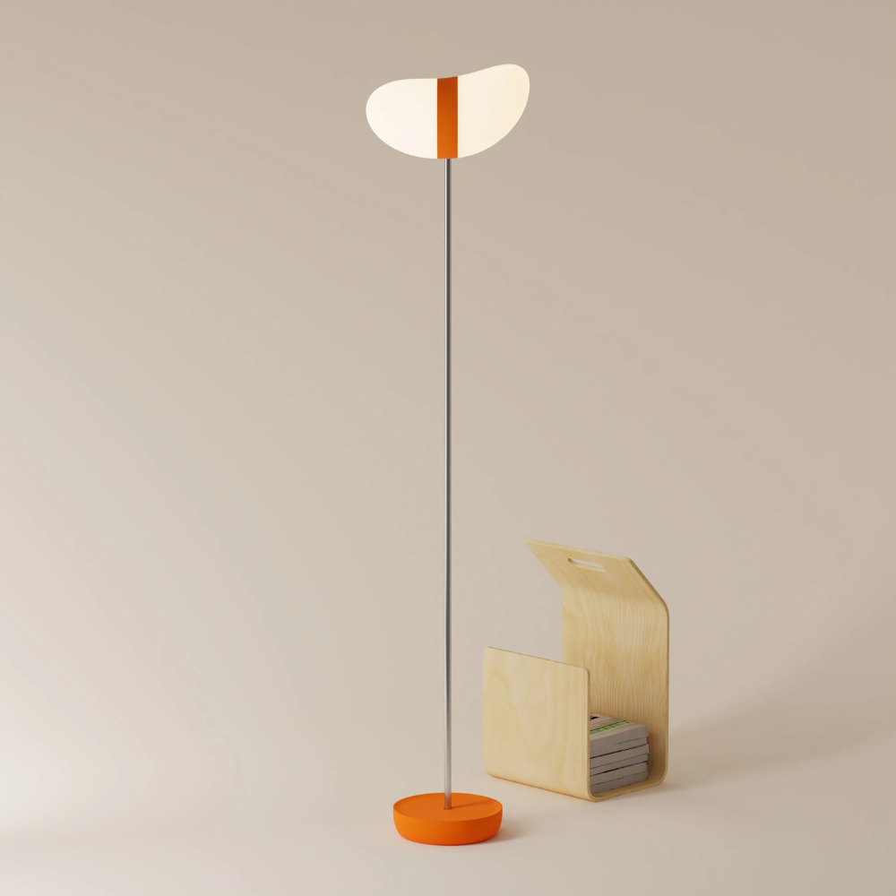 The persimmon Baltra Floor Light from Gantri with the chrome rod option.
