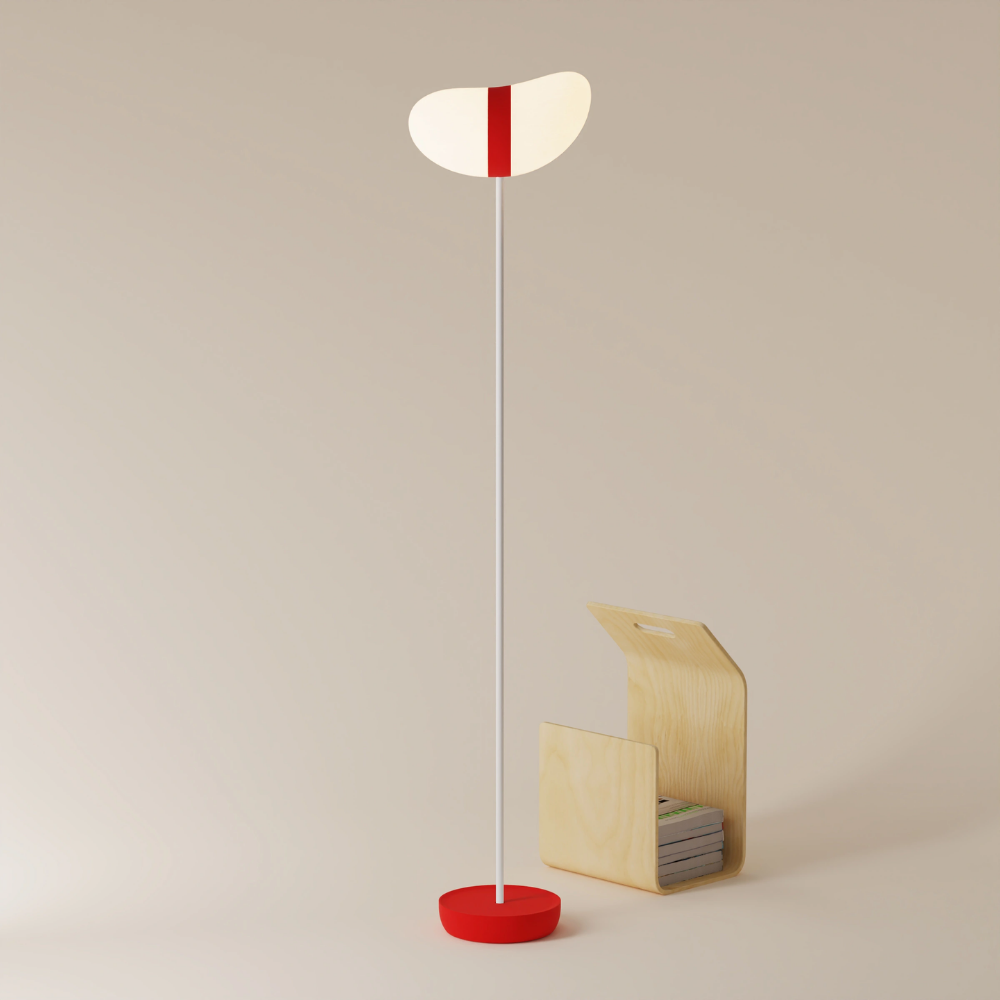 The poppy Baltra Floor Light from Gantri with the white rod option.