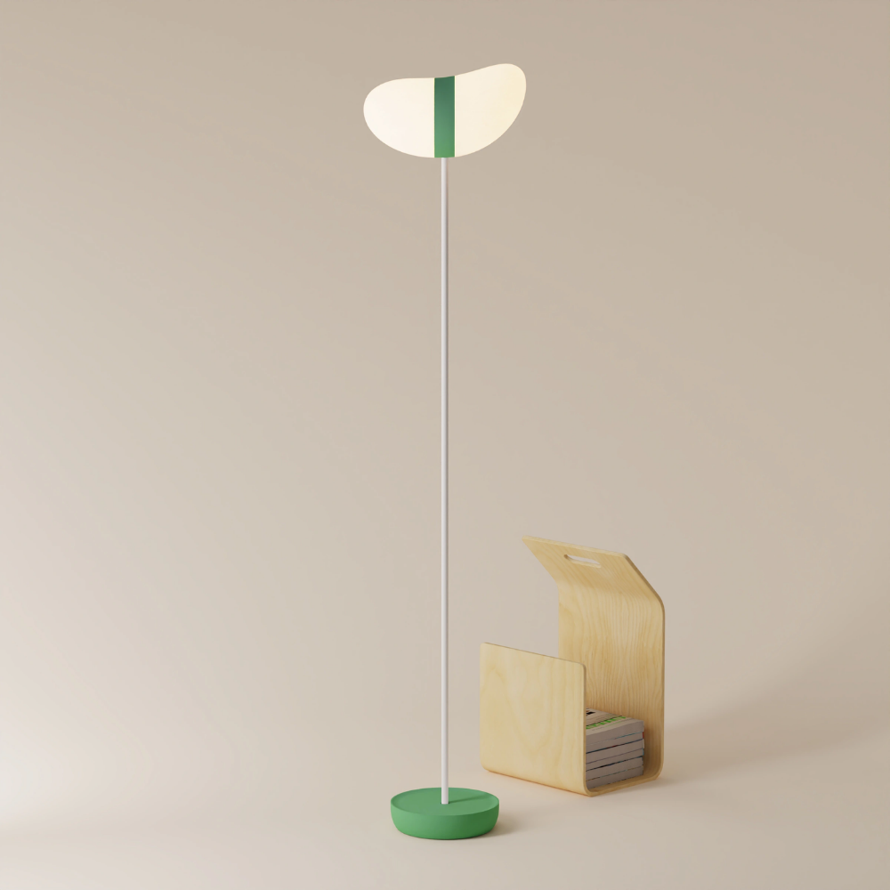 The sage Baltra Floor Light from Gantri with the white rod option.